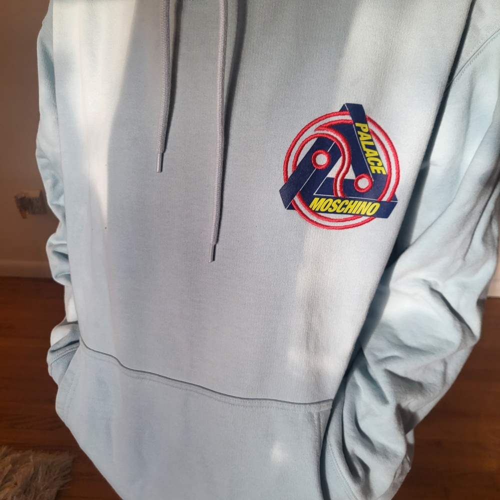 Palace X Moschino Rare Light Blue Crewneck Sweatshirt with Red & Navy Logo